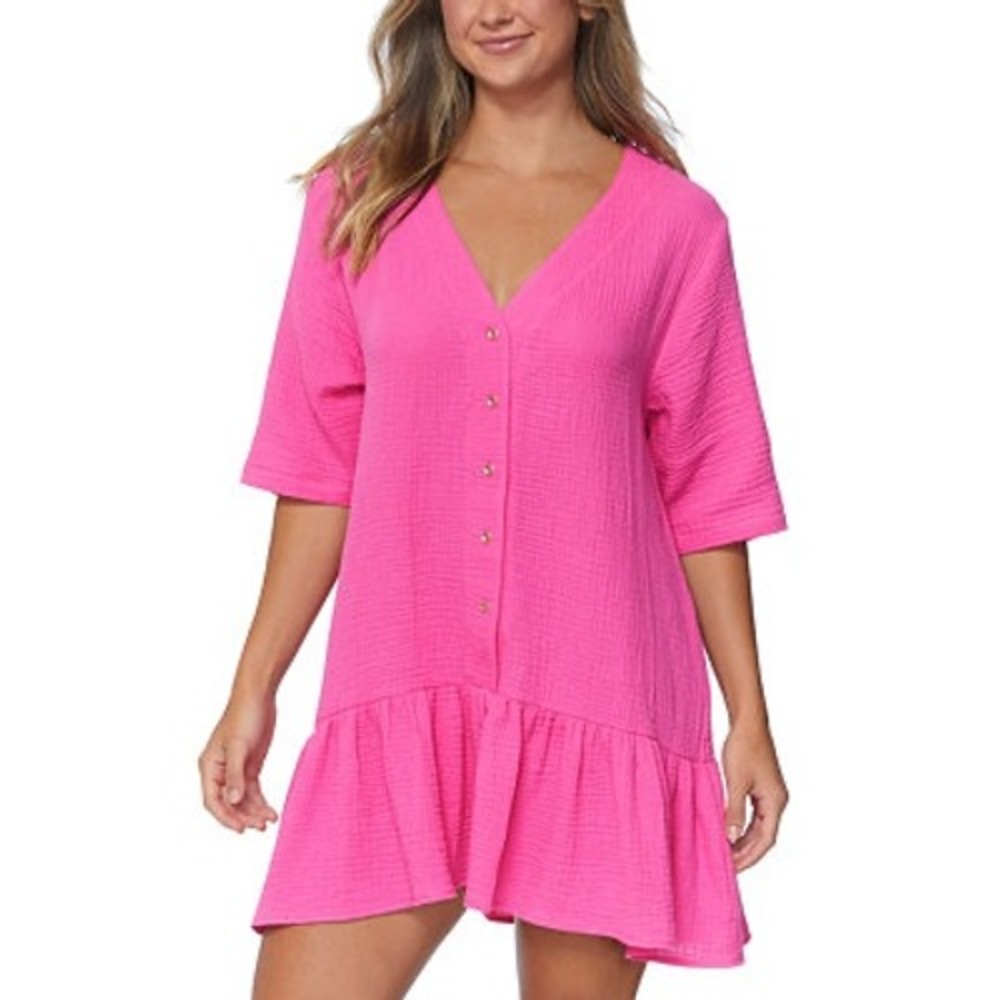 NWT Raisins Curve Sol Cover Up Women Pink Gauze Ruffle Button Front 3X $76